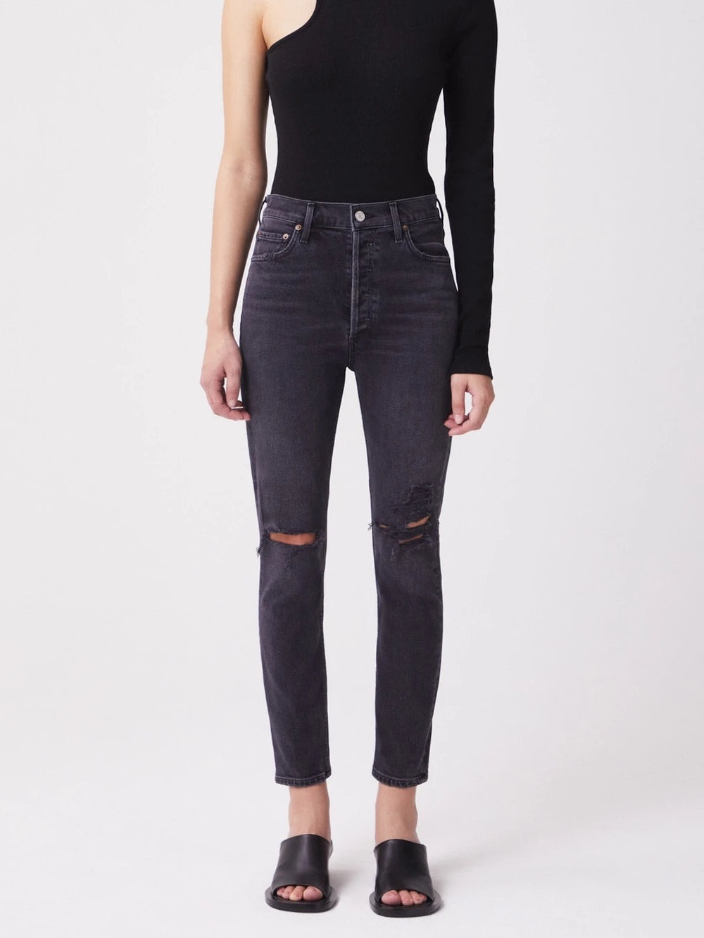 AGOLDE Nico High Rise Slim Straight Distressed Black Jeans Size 26 ✨